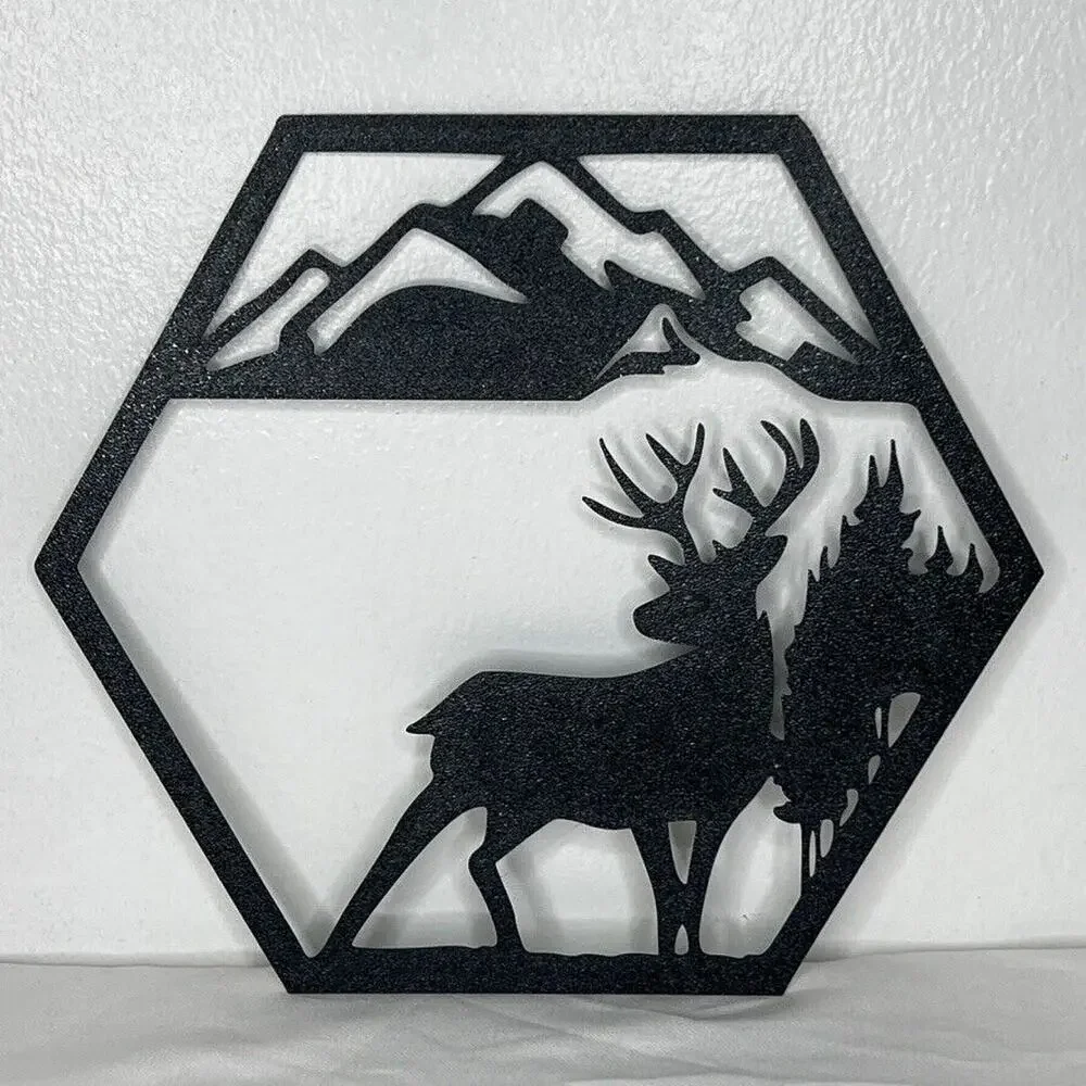 Set 4 Plastic Wall Art Decor Rustic Wildlife Hexagon Silhouettes Bear Wolf Elk